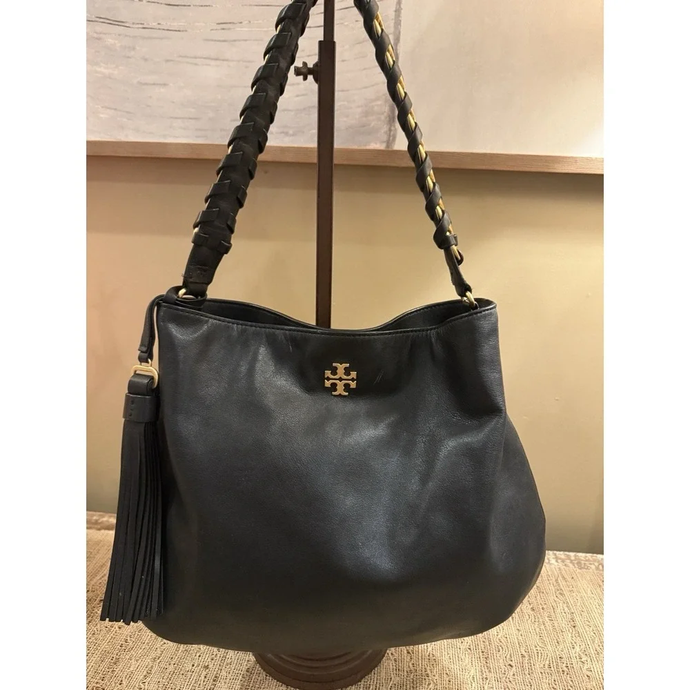 Tory Burch Brooke Minimalist Hobo Bag Black‎ Leather Gold Braided Handle 598$